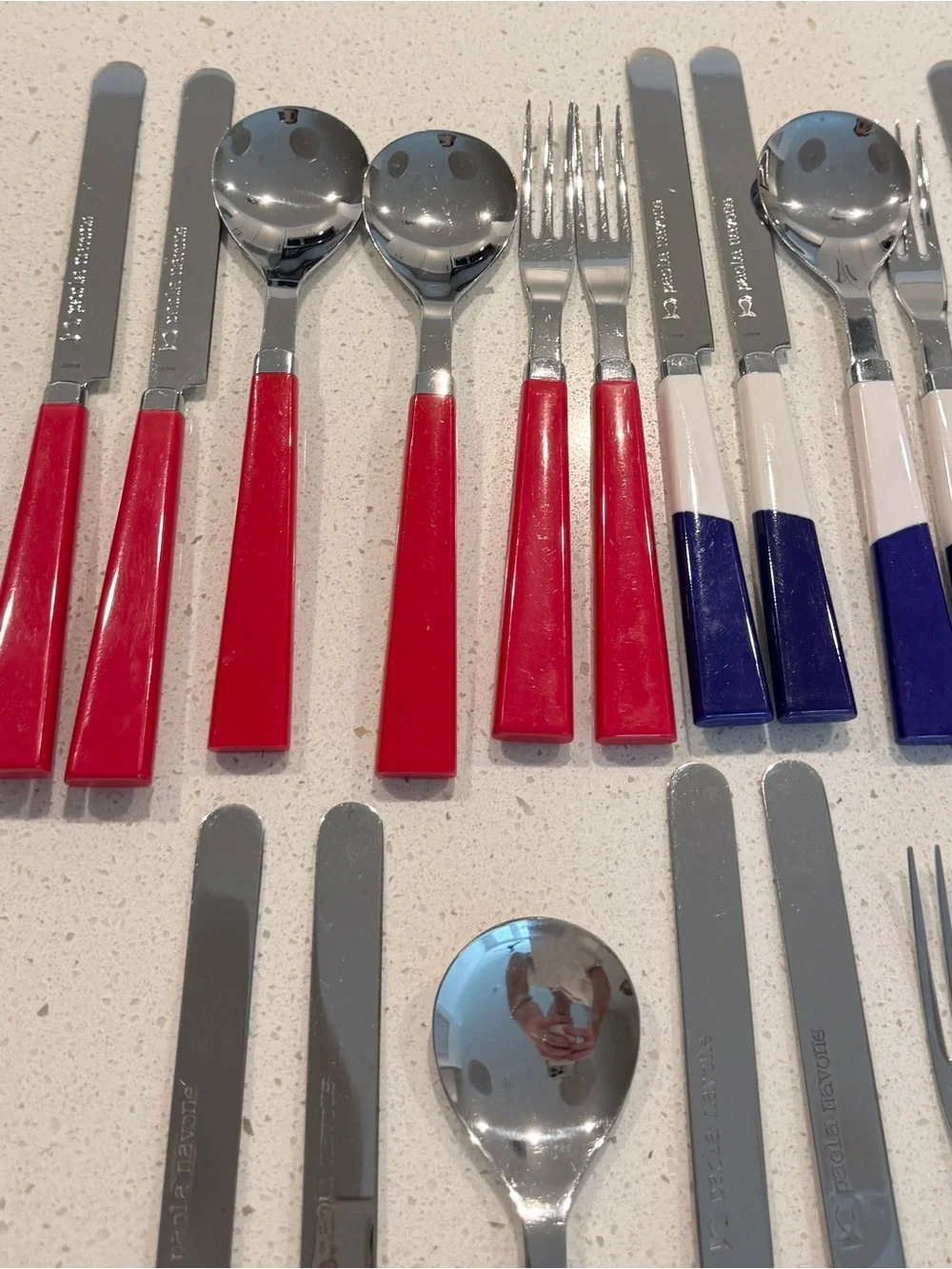 Crate & Barrel Como Paola Navone Flatware Red Blue Handles Stainless Steel 24 pc
